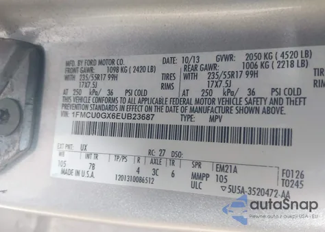 2014 Ford Escape Se z USA, uszkodzony, nr VIN 1FMCU0GX6EUB23687